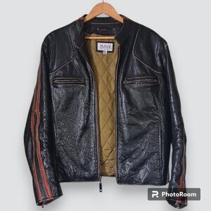 Genuine Leather Cafe Racer Moto Jacket Black Red Green Biker Stripe Grunge Med